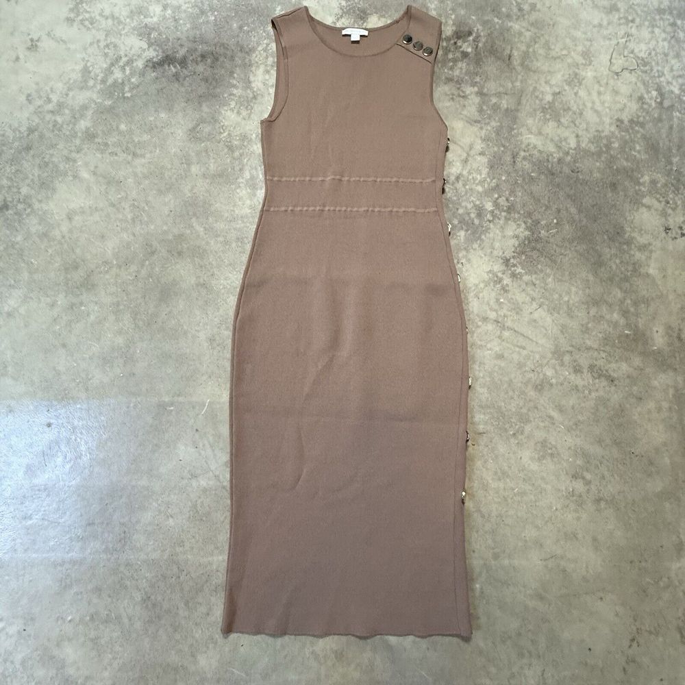 New York Company Dress Womens Small Knit Sleeveless Button Detail Tan Midi